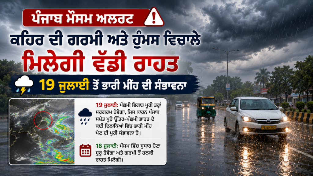 ਪੰਜਾਬ ਵਿੱਚ 19 ਜੁਲਾਈ ਤੋਂ ਮਾਨਸੂਨ ਸਰਗਰਮ ਹੋਣ ਅਤੇ ਭਾਰੀ ਮੀਂਹ ਦੀ ਸੰਭਾਵਨਾ ਦਾ ਸੈਟੇਲਾਈਟ ਅਪਡੇਟ