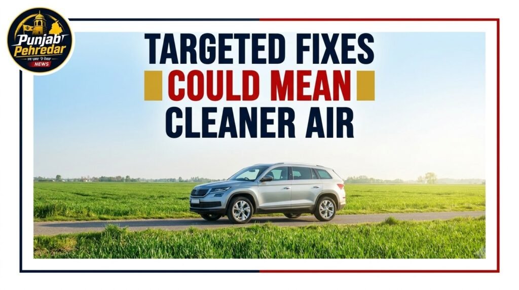 Clear sky over Punjab farmland with clean modern vehicle